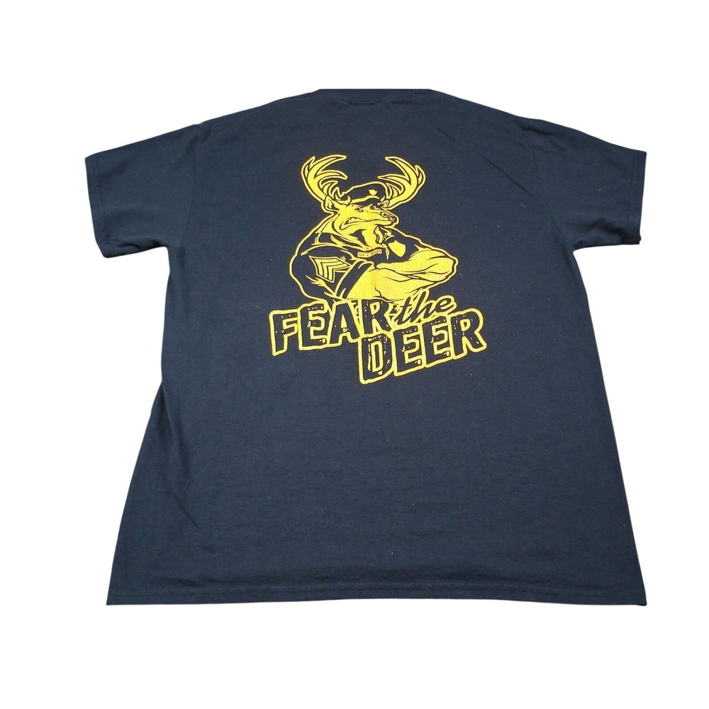 Gildan Mens Fear the Deer Warren Twp PBA Local 235 T-Shirt Med Navy Blue Graphic
